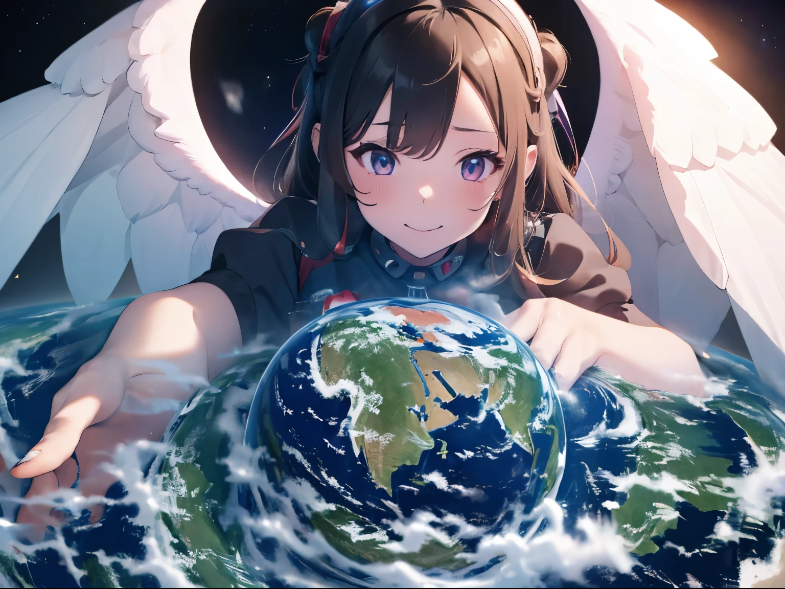 Anime girl holding a globe with angel wings around it - SeaArt AI