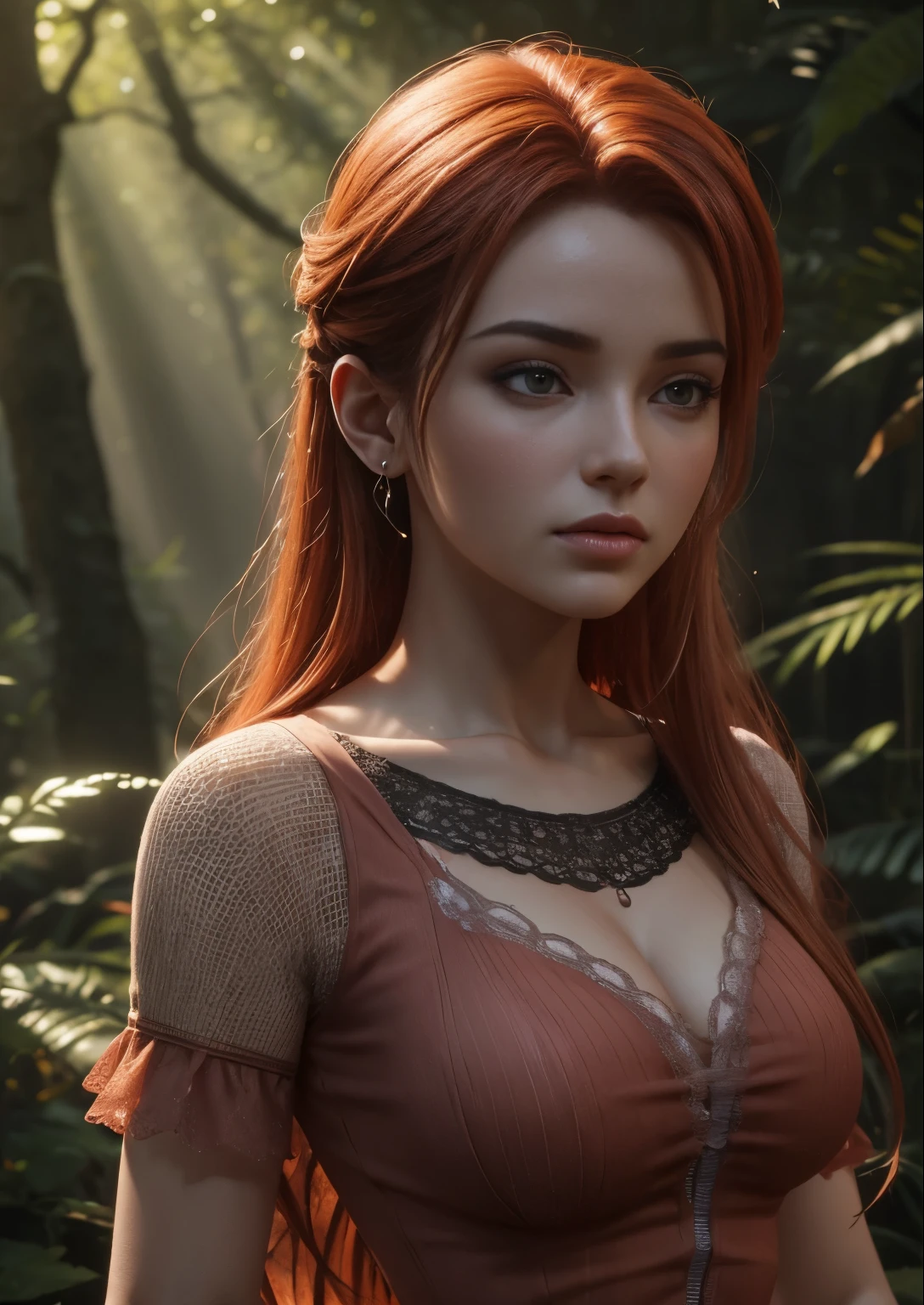 il y a une femme aux cheveux orange et un haut rose, Daz3D Genesis Iray Shader, Daz Studio Genesis Iray, Highly detailed sanfte Beleuchtung, daz studio genesis iray ultra hd, Dryade im Wald, Daz Studio Genesis Iray Shader, Feen-Teenager, Leeloo-Outfit, sanfte Beleuchtung, stimmungsvolle Beleuchtung realistisches Gesicht