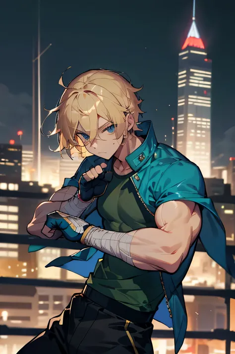 male, muscular, blonde short hair, blue eyes, hands wrapped in bandages, city background, boxing stance, jet blue jacket, green ...