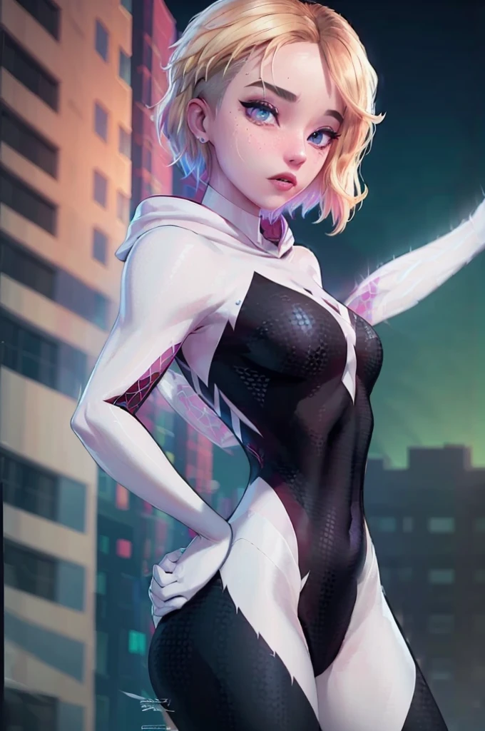 Ghost spider, Gwen wearing a black suit with a spider in the center of her chest in white, organic looking outfit, frente pegajosa, simbionte, ojos blancos, arte fino, ps5 cinematic screen capture,very detailed cinematic rendering, raytricing ultra fotorrealista, With cinematic lightting