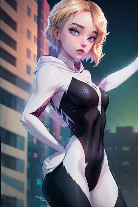 Ghost spider, Gwen wearing a black suit with a spider in the center of her chest in white, organic looking outfit, frente pegajo...