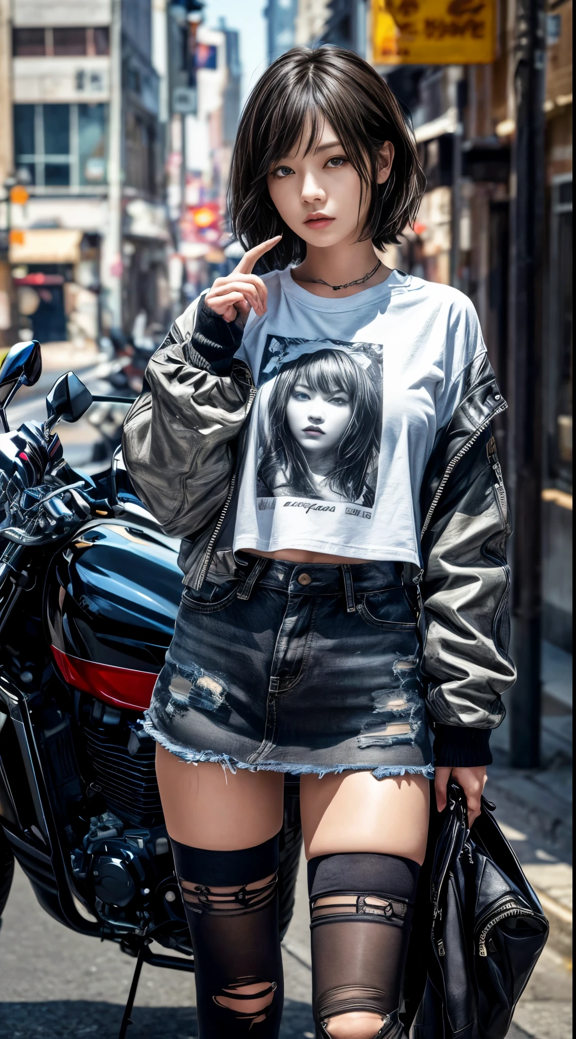 Angle from the front、cowboy shot、torn printed t-shirt、City of night、((Emoガール))、((Emo))、Bad Woman、black short shaggy hair、gradient hair、(black double rider jacket)、((Black and gray plaid miniskirt))、big breasts、high socks、(((Motorcycle on background)))、ふhighest quality,(RAW photo:1.2)、(realistic:1.4),(High resolution:1.4), 1 girl, written boundary depth,, intricately detailed,8K, very detailed, perfect lighting, epic background、((delicate pictures))，(女の子の詳細なRAW photo),(highest quality:1.6), (超High resolution:1.5), (realistic:1.75), 8K resolution, Canon EOS R5, 50mm,  Super detailed,cinematic lighting,correct finger、(I can see very small panties)