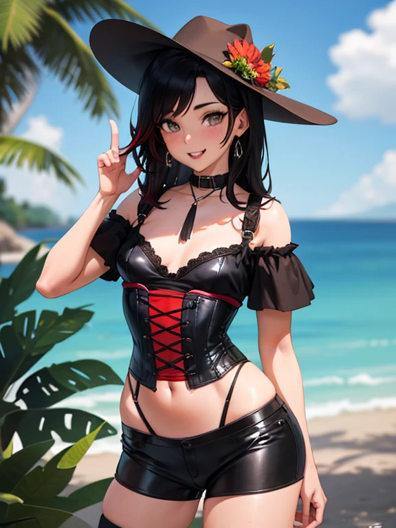 (masterpiece, Best Quality:1.2), cowboy shot, Age Progression, short, 1 girl,dyed black hair, short hair, smile, Closed mouth, looking at a spectator, black shirt, corset, black pleated skirt, shackles, red cape, jewelry, collar, earrings, small breasts, thin thighs, Spacer frame, vapor, glowing slap, wet, the sweat,