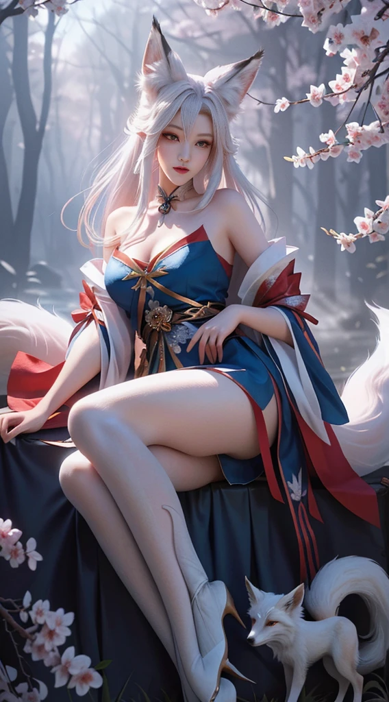 Fox ears white hair girl，full bodyesbian，Painting of a fox with white hair sitting on a branch，ethereal fox，nine tail fox，Fox three-tailed fox，Onmyoji detailed art，Nine tails，A beautiful artwork illustration，mythological creatures，red fox，Combat posture，Beautiful digital artwork，Exquisite digital illustration，mizutsune , Inspired by the mythical creature wildnet，Digital art on Pixiv，strong lights，hight contrast，Horror movie theme，Dark atmosphere