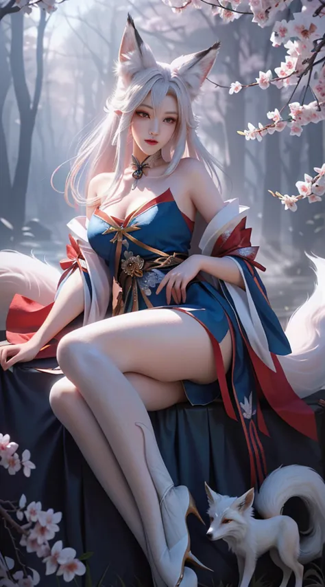 Fox ears white hair girl，full bodyesbian，Painting of a fox with white hair sitting on a branch，ethereal fox，nine tail fox，Fox th...