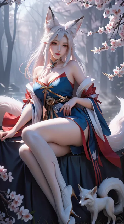 fox ears white hair girl，full bodyesbian，painting of a fox with white hair sitting on a branch，ethereal fox，nine tail fox，fox th...