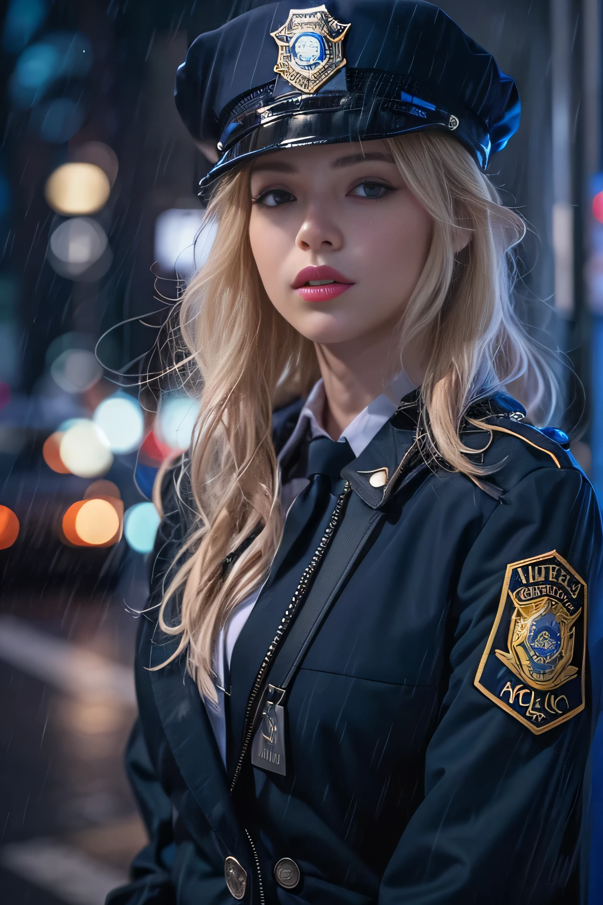 Blond woman in police uniform standing in the rain - SeaArt AI