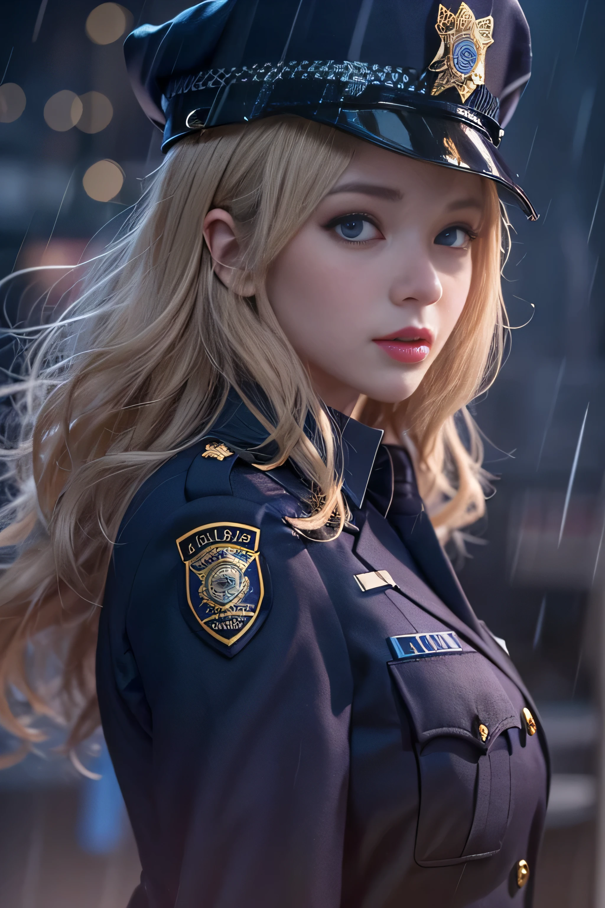 A close up of a woman in a police uniform in the rain - SeaArt AI