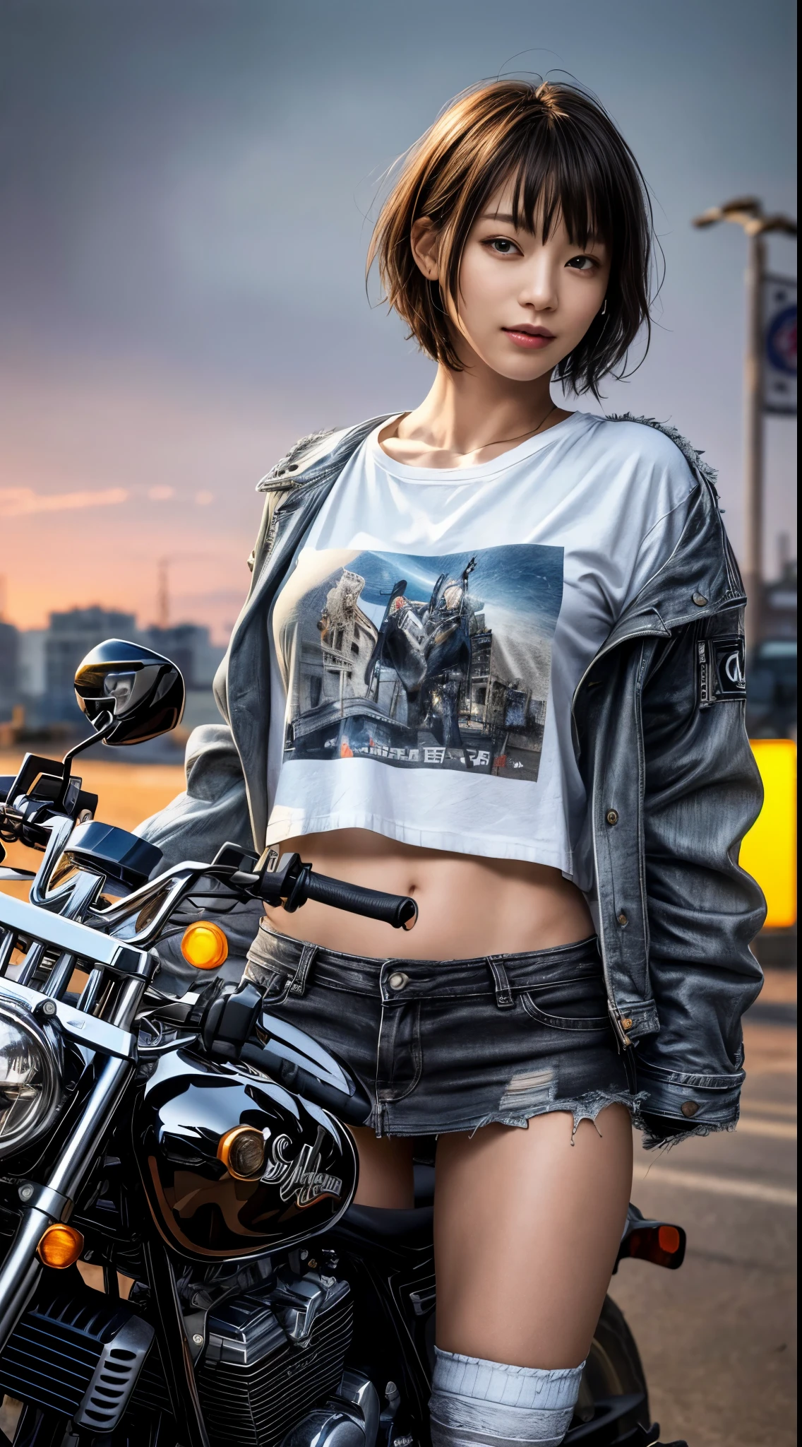 Angle from the front、smile、cowboy shot、torn printed t-shirt、City of night、((Emoガール))、((Emo))、Bad Woman、black short shaggy hair、gradient hair、(black double rider jacket)、((Black and gray plaid miniskirt))、big breasts、high socks、(((Motorcycle on background)))、ふhighest quality,(RAW photo:1.2)、(realistic:1.4),(High resolution:1.4), 1 girl, written boundary depth,, intricately detailed,8K, very detailed, perfect lighting, epic background、((delicate pictures))，(女の子の詳細なRAW photo),(highest quality:1.6), (超High resolution:1.5), (realistic:1.75), 8K resolution, Canon EOS R5, 50mm,  Super detailed,cinematic lighting,correct finger、(I can see very small white panties)