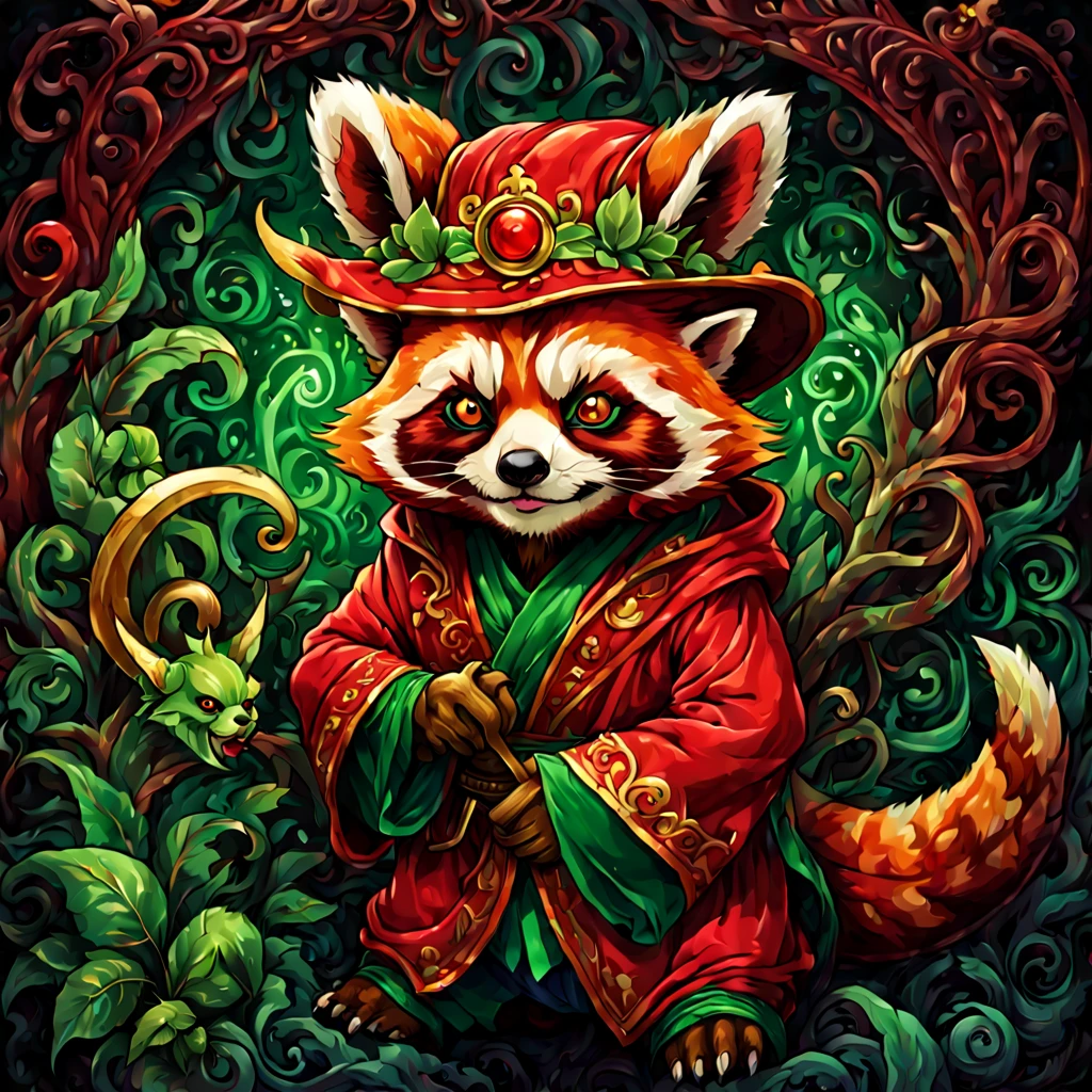 Red panda with green stripes and goblin-like ears with crazy red eyes and dressed in red cult-like robes and hat with gold trim, intricate line drawing, 