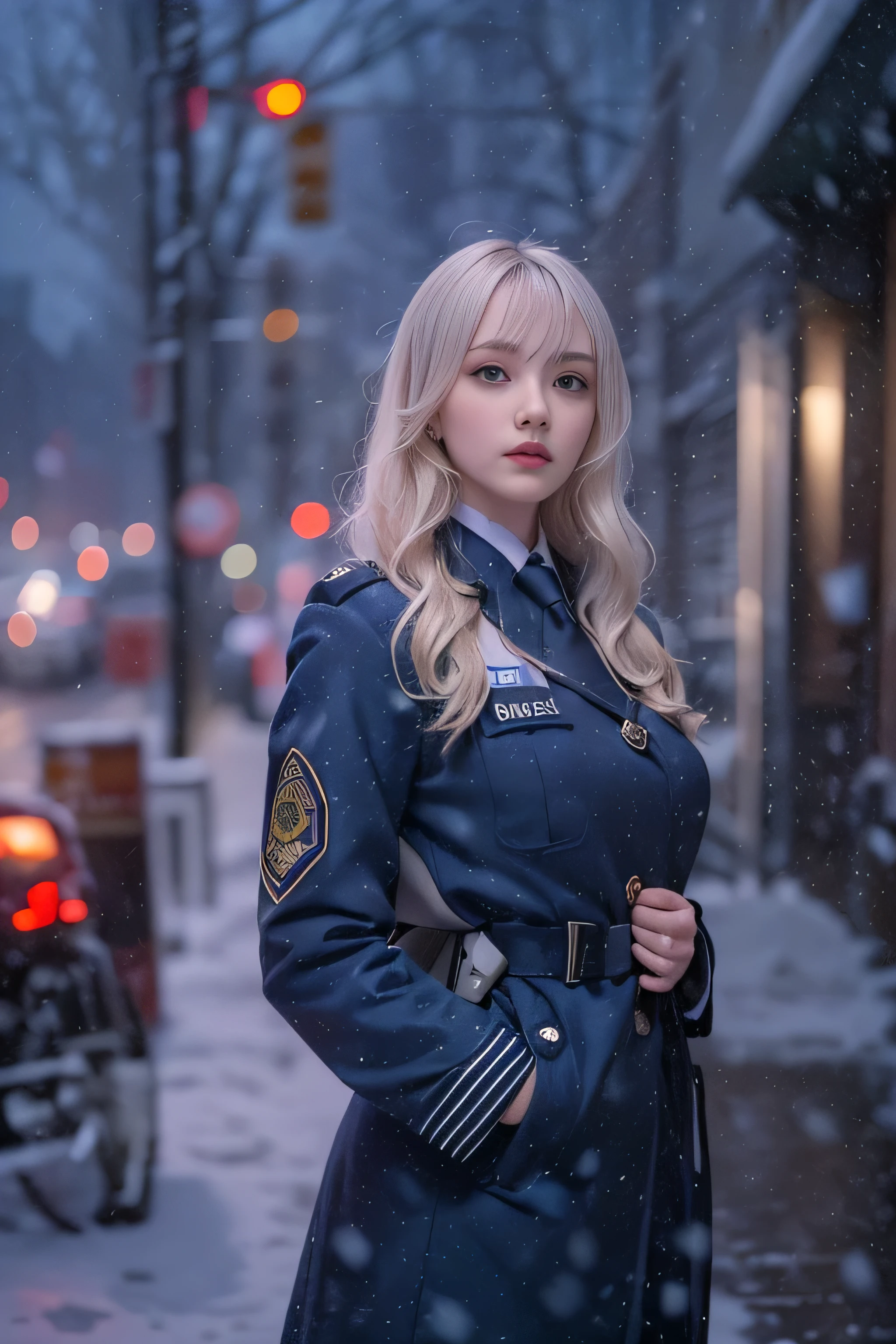 Blond woman in uniform standing on a snowy street in the city - SeaArt AI