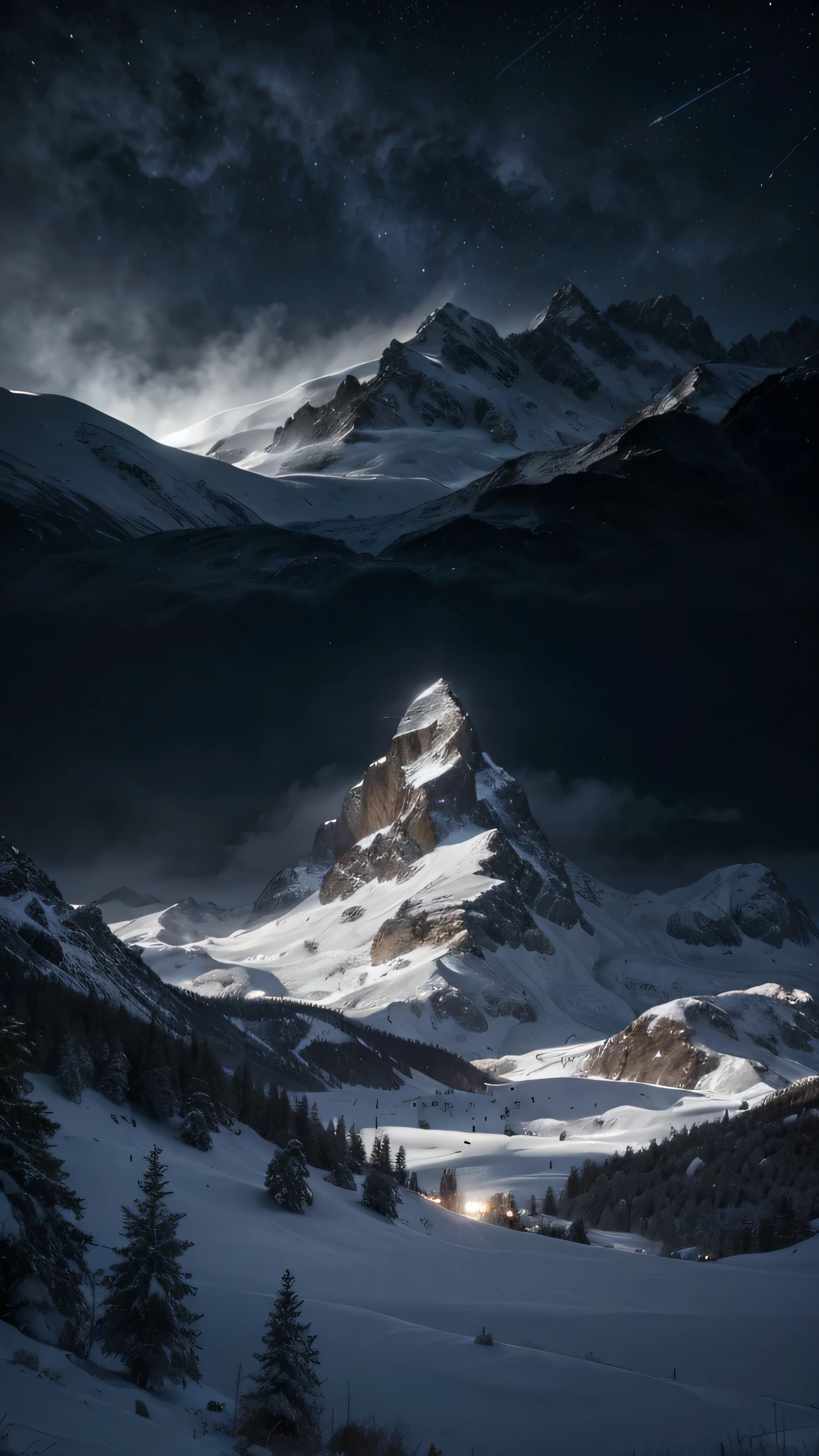 photo brute, gros coeur duveteux noir et blanc et flocons de neige blancs autour, des montagnes enneigées et des forêts derrière, , ciel sombre, nébuleuse, galaxie, se concentrer, ultra haute qualité, ultra-detailed se concentrer, Détails élevés, 8k, Photoréaliste, éblouissant, Règle des tiers, profondeur de champ, pièces complexes, art conceptuel, couleurs vives, Conception futuriste, Attention au détail, grandeur et admiration, un chef-d&#39;œuvre visuel époustouflant, Lumière forte,