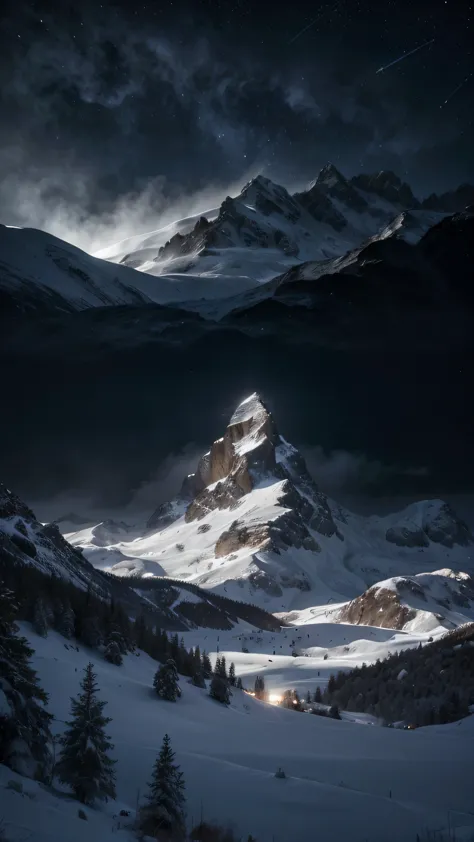 raw photo, black and white big fluffy heart and white snowflakes around, snow-capped mountains and forests behind, , Dark sky, n...