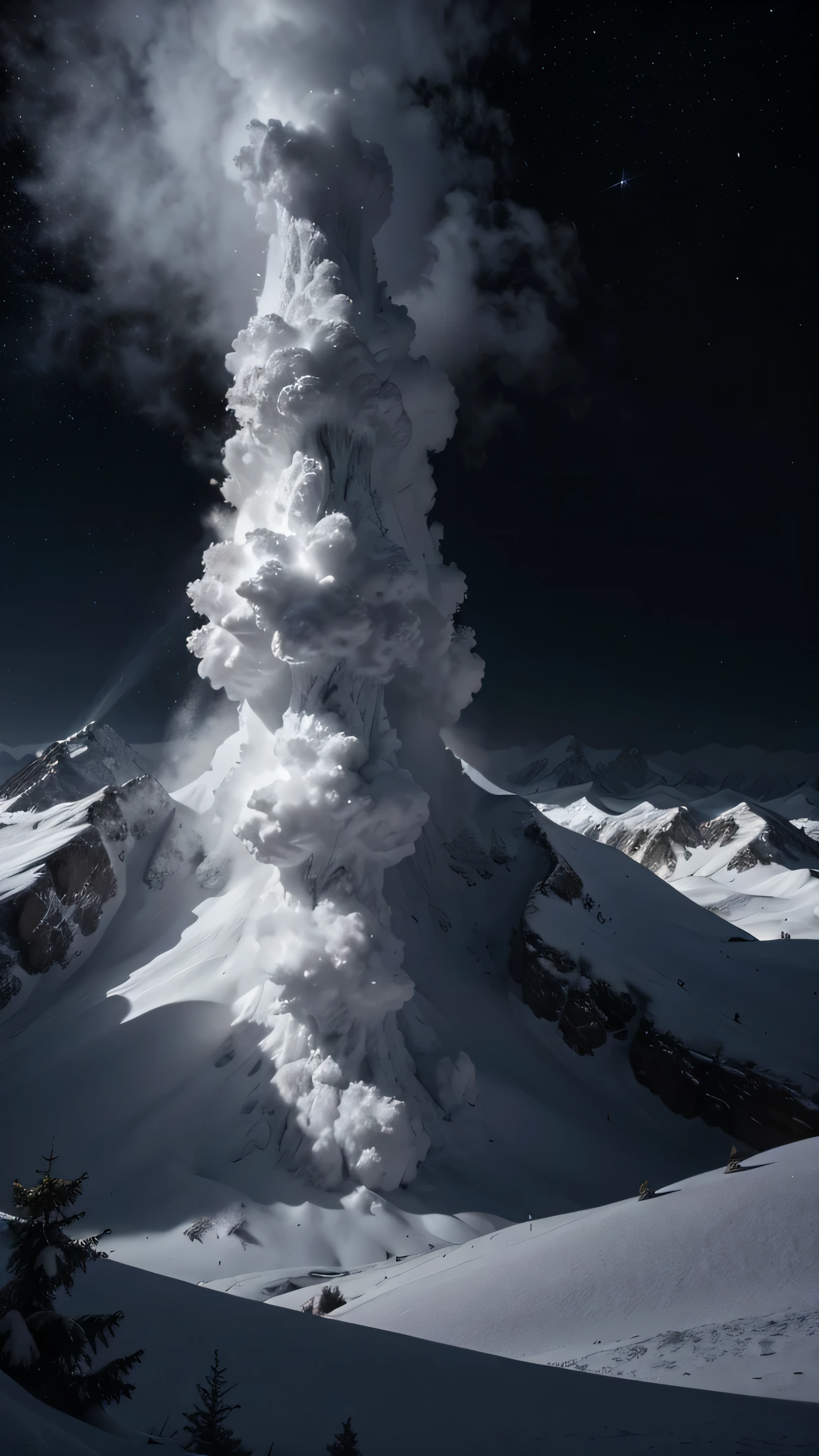 RAW写真, 黒と白の大きなふわふわのハートと周りの白い雪の結晶, 背後には雪を頂いた山々と森, , 暗い空, 星雲, 銀河, 集中, 超高品質, ultra-detailed 集中, 細部までこだわった, 8K, 写実的な, 眩しい, 三分割法, 被写界深度, 複雑な部品, コンセプチュアルアート, 明るい色, 未来的なデザイン, 細部への注意, 壮大さと畏怖, 見事なビジュアルの傑作, ハードライト,