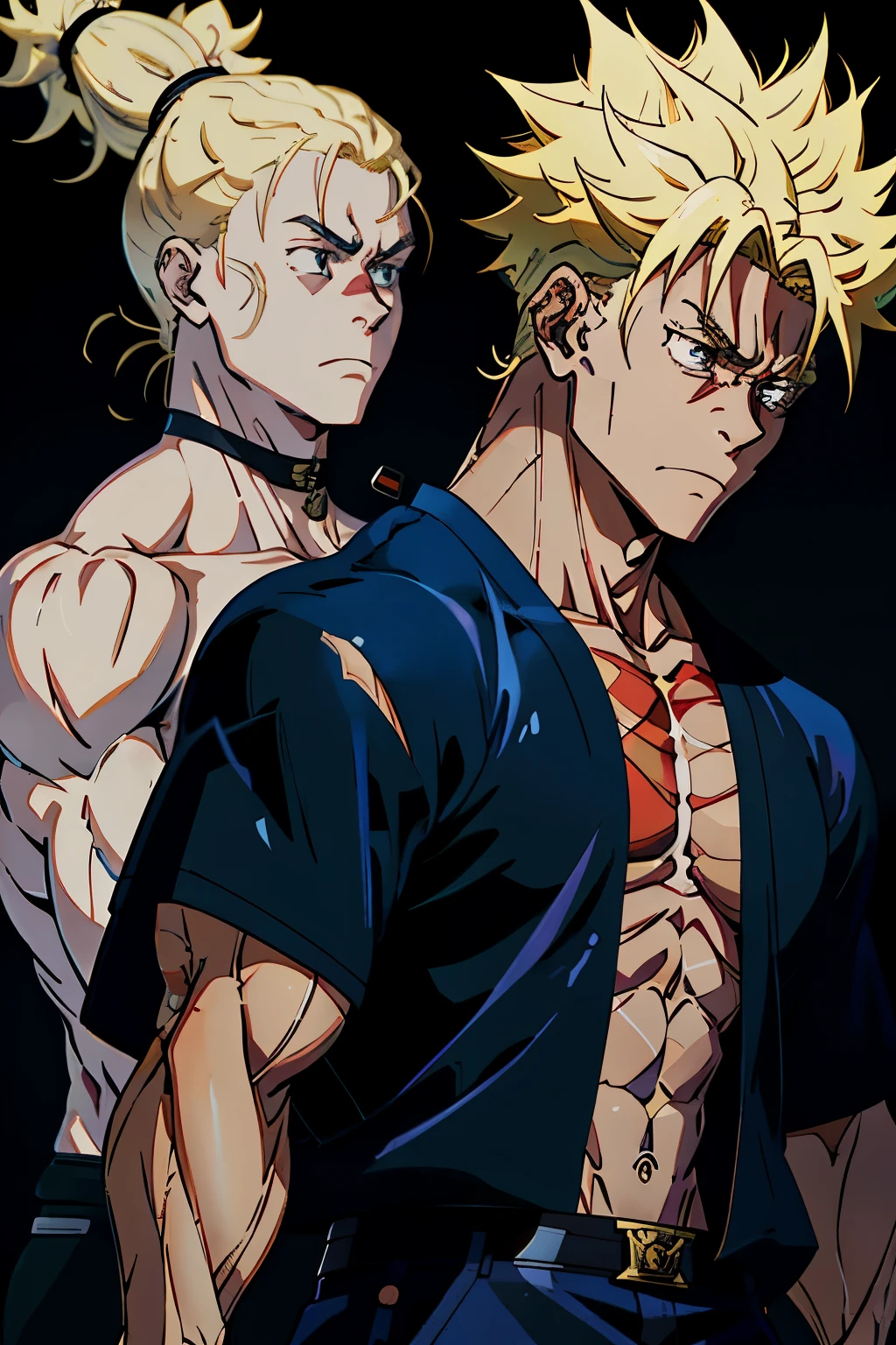 Anime characters with blonde hair and blue eyes standing next to each other  - SeaArt AI