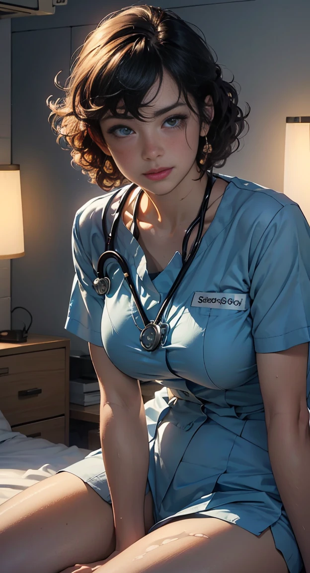 (best quality,4k,8k,highres,masterpiece:1.2),ultra-detailed,(realistic,photorealistic,photo-realistic:1.37),intensive care unit,patient,nurse,romantic scene,bed,medical equipment,silky smooth skin,curly hair,gentle touch,passionate atmosphere,emotional connection,medical uniform,beaming eyes,blush on the cheeks,sitting in a riding position,subtle lighting,warm colors,soft focus,vivid colors,detaiented,tender feeling,sensual mood,professional,erotic art,love in the hospital,affectionate moment,closeup on their faces,subtle smile.