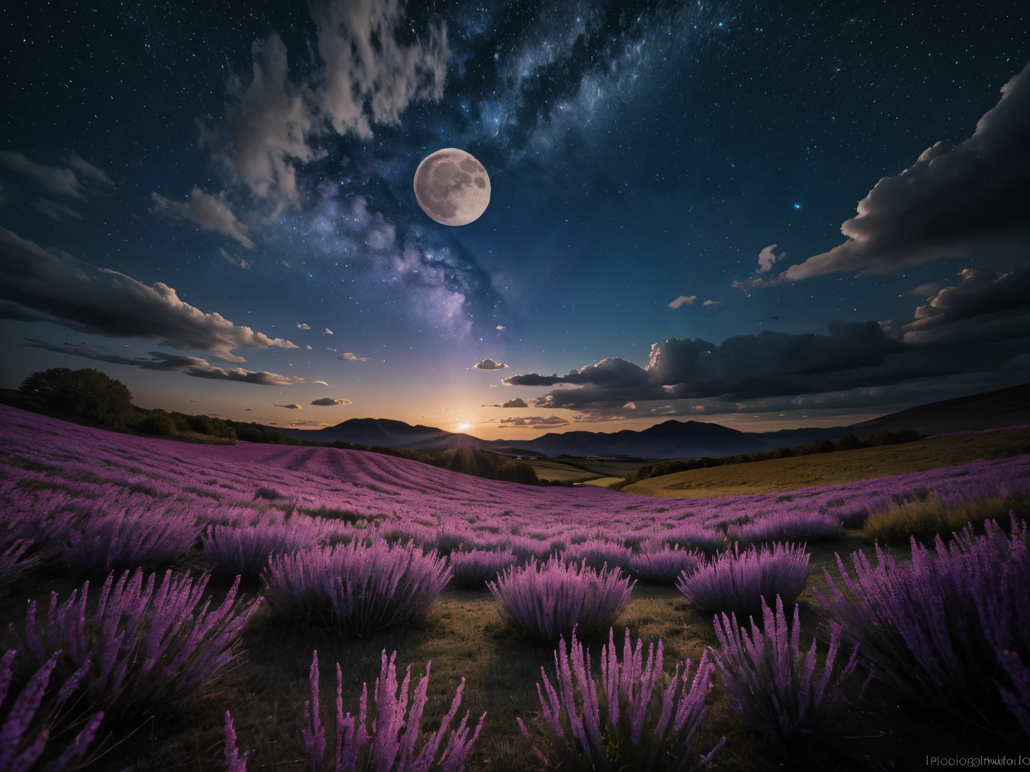 expansive landscape photography, (a view from below showing the sky above and the open field below), a wolf in a field of flowers looking up, (full moon: 1.2), (shooting stars: 0.9), (nebula: 1.3), distant mountain, Tree BREAK production art, (warm light source: 1.2), (Firefly: 1.2), lamp, lots of purple and orange,  intricate details, volumetric lighting, BREAK realism (masterpiece: 1.2), (best quality), 4k, ultra-detailed, (dynamic composition: 1.4), very detailed, colorful details, (iridescent colors: 1.2), (bright lighting, atmospheric lighting), dreamy, magical, (only: 1.2)