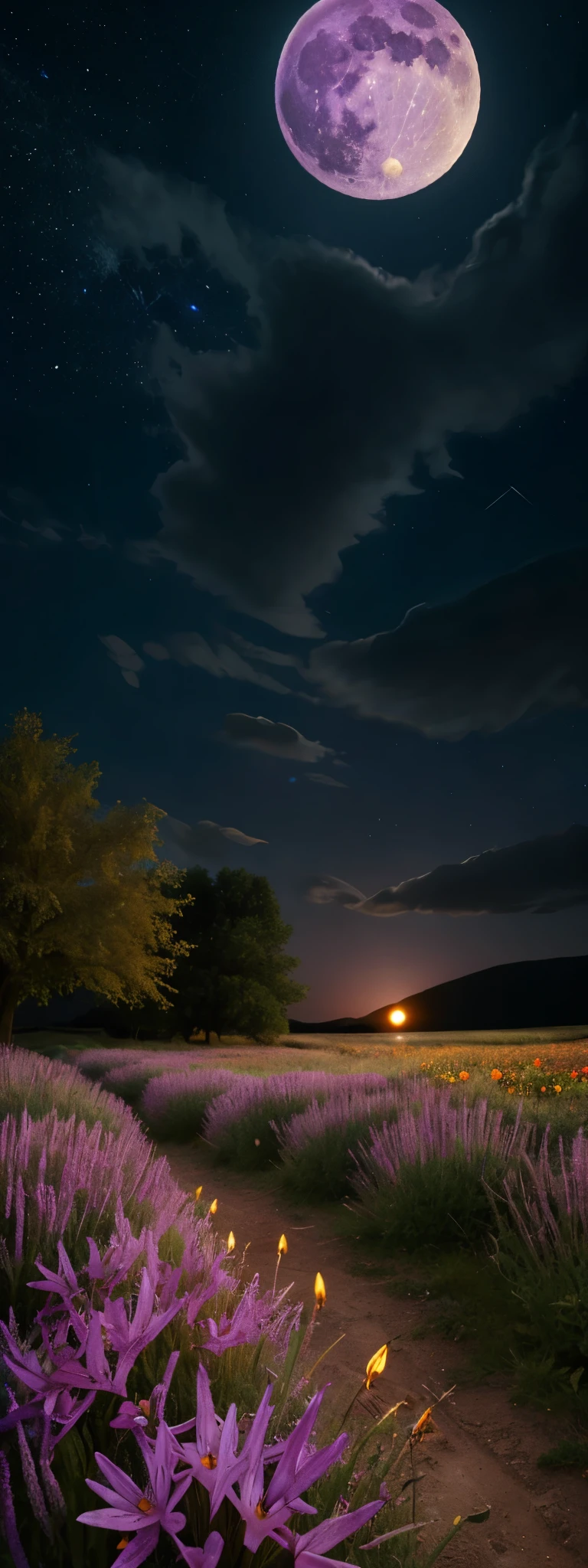 expansive landscape photography, (a view from below showing the sky above and the open field below), a wolf in a field of flowers looking up, (full moon: 1.2), (shooting stars: 0.9), (nebula: 1.3), distant mountain, Tree BREAK production art, (warm light source: 1.2), (Firefly: 1.2), lamp, lots of purple and orange,  intricate details, volumetric lighting, BREAK realism (masterpiece: 1.2), (best quality), 4k, ultra-detailed, (dynamic composition: 1.4), very detailed, colorful details, (iridescent colors: 1.2), (bright lighting, atmospheric lighting), dreamy, magical, (only: 1.2)