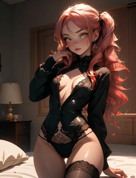 Masterpiece, animerealistic, Top quality, Ultra high definition, Maximum resolution, Very detailed, Professional lighting, Cowboy shot, Grab your own breasts, One girl, she’s a female oni, devilish girl, she has light red hair, gothic demoness, Very cute, ...