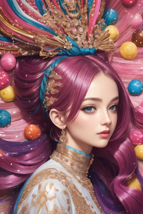 a stunningly trendsetting girl with hair resembling colorful candy strands, each lock vibrant and alluring. this captivating ima...