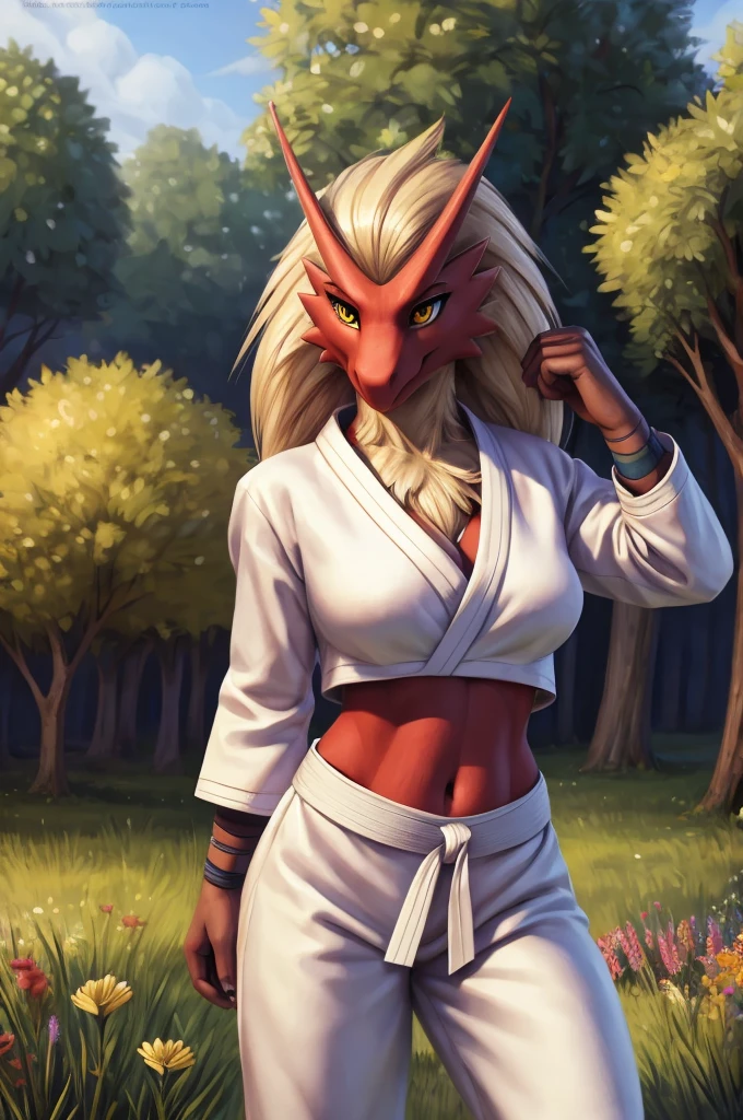 (by pixelsketcher:0.6), (by personalami :0.6), solo, female, blaziken, pokemon, detailed background, (cinematic lighting:1.1), (perfect focus:1.1), 8k hd, photo, (detailed eyes:1.2), perfect breasts, wide angle,(karate clothes, neckline, navel,,white pants, karate pants,karate shirt) bright colors, (furry detail:1.3),pasture, grass, bushes, vegetation, flowers, natural landscape,realistic, photorealistic, ultra realistic,realistic, photorealistic,smile,(detailed yellow eyes:1.2)