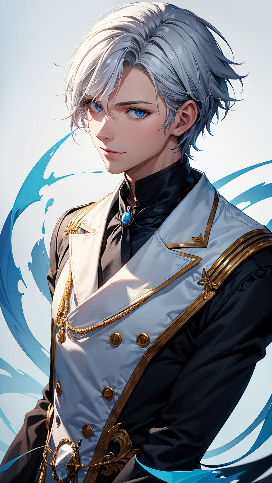 1young man,solo, male photo, confident smile,silver hair, ((short hair)), (short sideburns),light blue eyes, slant eyes,anatomically correct,blue ribbon tie,black gloves,white cloak,black suit,beautiful japanese style background,best quality, high quality,masterpiece, 8K 