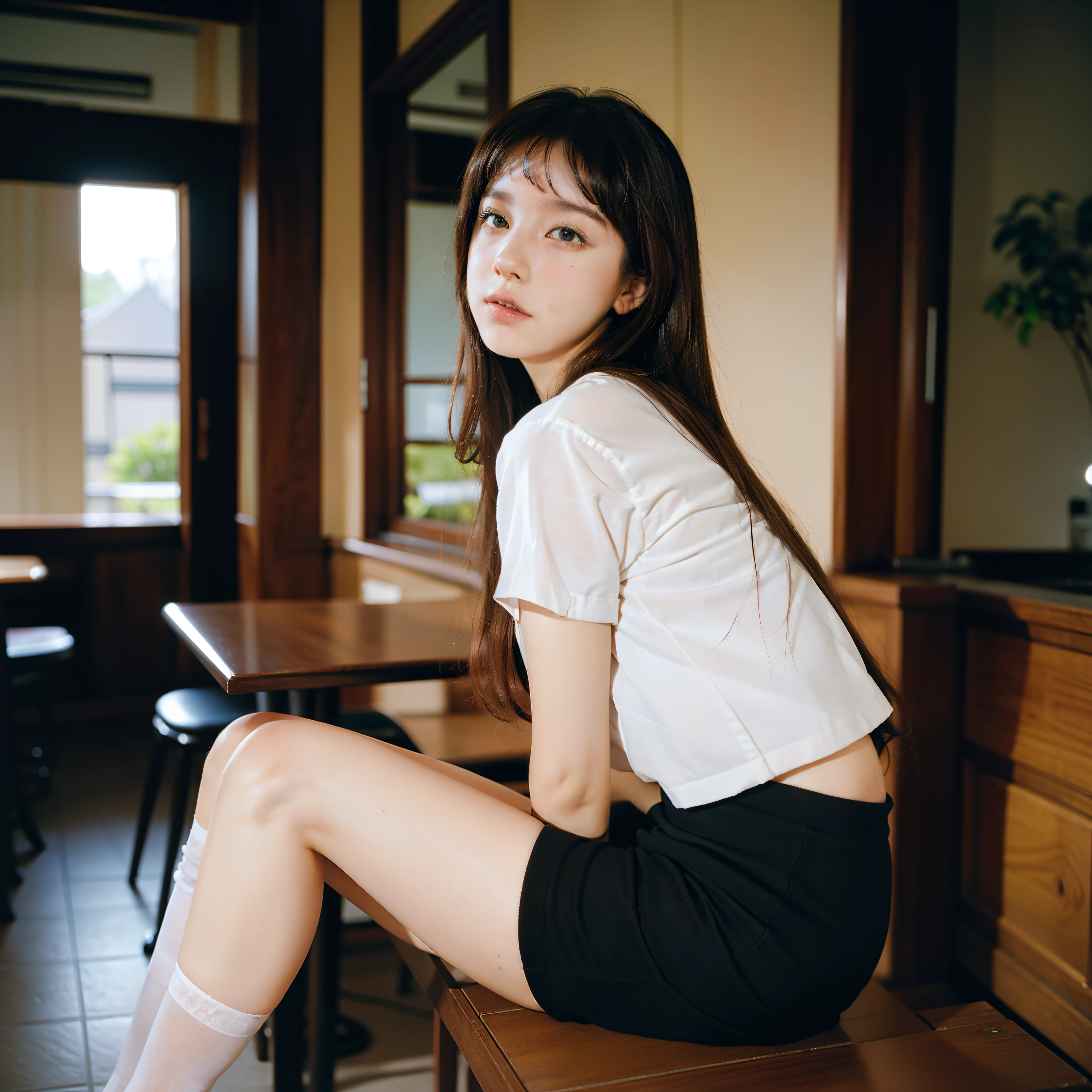 A woman sitting on a table in a restaurant wearing a white shirt and black  skirt - SeaArt AI