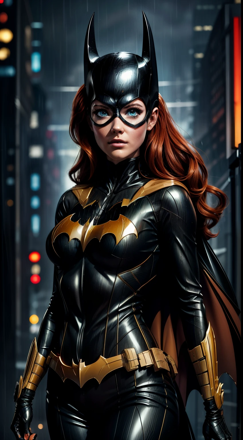 barbara gordon, anime, beauty, Batgirl clothes, Batgirl cosplay, wind effect, full body photo, prominent figure, standing on the edge of a skyscraper, night, photo (Masterpiece) (Best quality) (Detail) (8K) (HD) (Wallpaper) (Cinematic lighting) (Sharp focus) (Intricate), sexy, rain, wet, rays, best quality, ultra high resolution, photorealistic, full body portrait, incredibly beautiful,  dynamic poses, detailed skin texture, highly detailed skin, detailed face,