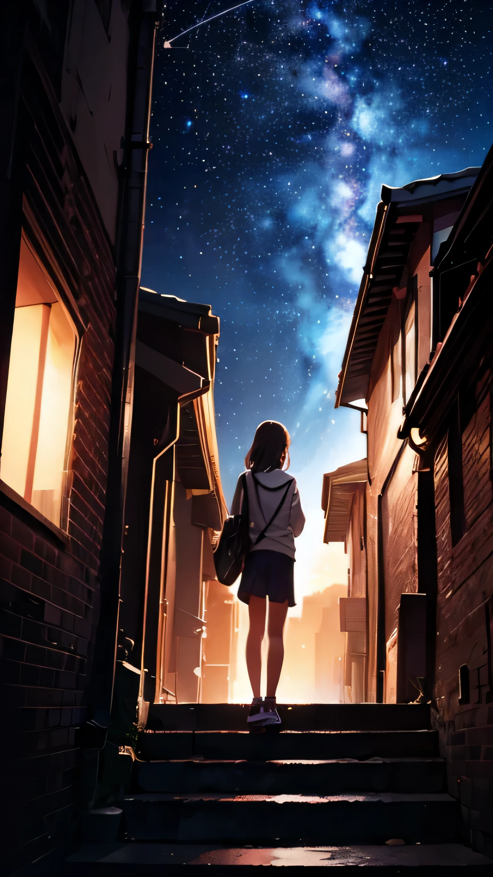 a girl standing in the stairs, outdoor, casual clothes, starry sky, night, ultra detailed, anime style
