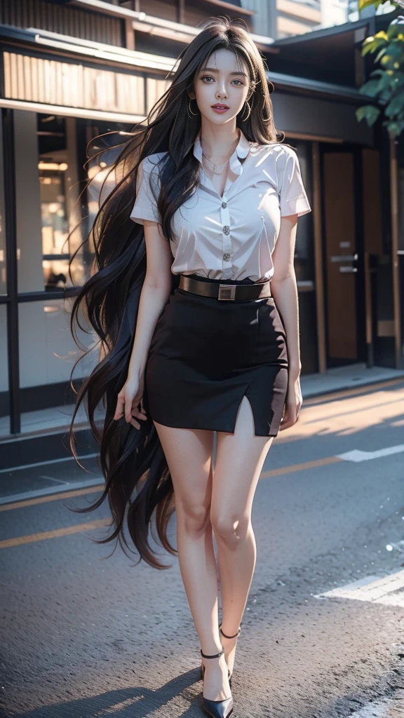 highest resolution, 8K, high definition, (((My hair is very long., My hair is very long., My hair is very long., Extra long, Knee-length hair))), Thai Students, Half Thai, half Japanese, half Korean., Height 173 centimeters, (((stand, walk))), Beautiful face, แต่งBeautiful face, Double eyelids, red lips, smile at the corner of the mouth, beautiful eyes, Beautiful Woman, The texture is realistic., Slim white short-sleeved shirt, collar shirt, Matte black short pencil skirt, Very short, Side incision, กระโปรงสีดำด้านพร้อมbeltผู้หญิง, tight, Huge breasts, Breast augmentation, เต้าBig tits, Big , Plump milk, Fluffy milk, Huge breasts, Symmetrical shape, sexy figure, Thin, slim, small waist, Long legs, Beautiful thighs, Pitch black high heels, earring, Put on a watch, belt, (((full body, Look at every part of the body.))), university backdrop, building, building, lawn, outdoor sports field