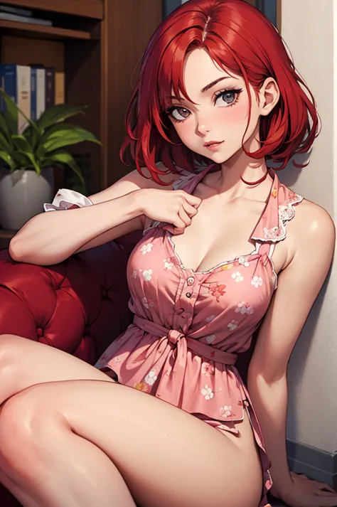 There is a woman sitting on a bed wearing a pink floral pajamas, red-haired girl, beautiful red-haired woman, red-haired woman, ...