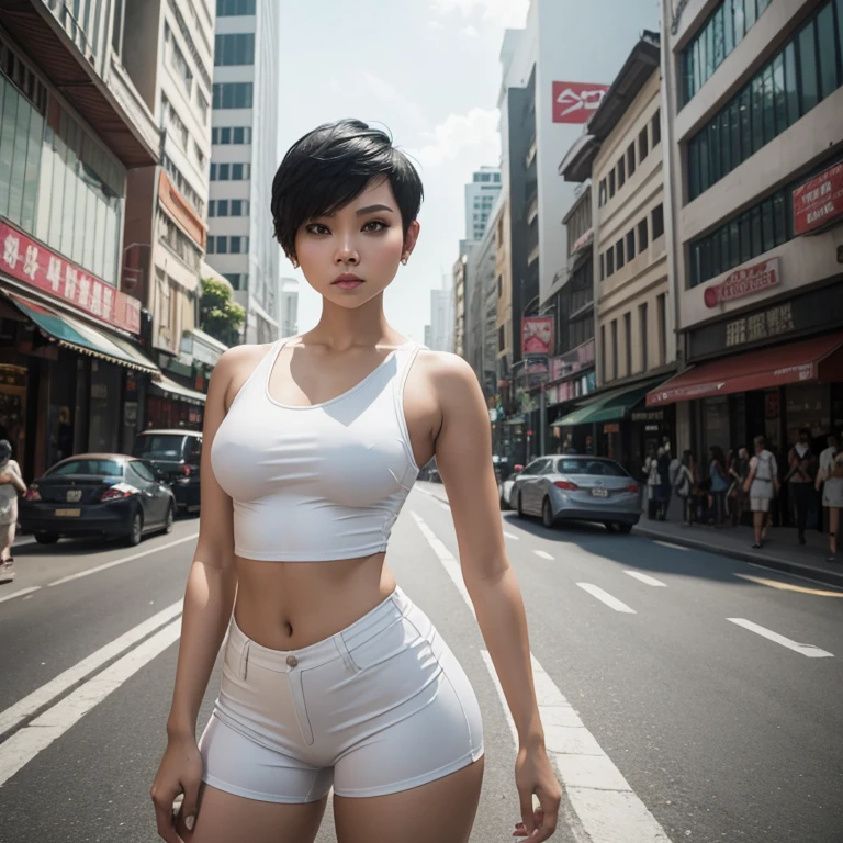 Создайте динамичный городской портрет малайской женщины в современной уличной одежде., очень короткая белая стрижка пикси, маленькая грудь, широкие бедра, БОЛЬШАЯ ЖОПА, толстые бедра, запечатлеть ее уверенность и стиль, когда она принимает позу на фоне шумной городской улицы