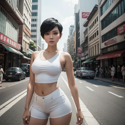 Create a dynamic urban portrait of the Malay woman in contemporary streetwear, very short white pixie hair cut, small breast, wi...