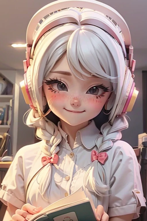 Lolli girl, braid hair, school, reading books, library background, white hair, cute shy happy pose, wearing headset