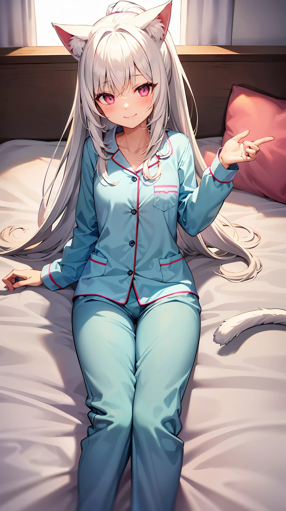 Anime character sitting on a bed with her hands up - SeaArt AI