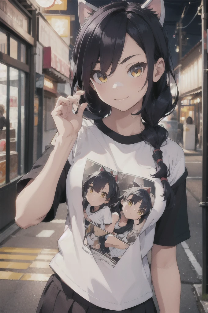 Erisa, 1girl, solo, long hair, looking at viewer, black hair, bandaid on face, yellow eyes, animal ears, smile, bandaid on nose, braid, cat ears, bandaid, bangs, breasts, fake animal ears, simple background, fang, bare shoulders, scar, teeth, shirt, tight shirt, bare shoulders, black shirt, short sleeves, closed mouth, t-shirt, hair over one eye, night city view, portrait, hair over shoulder, shorts, skin tight shirt, tight shorts, legs, sunglasses, seductive, realistic, best quality, masterpiece, ultra detail, ultra high res, extreme detail, 8k, uhd