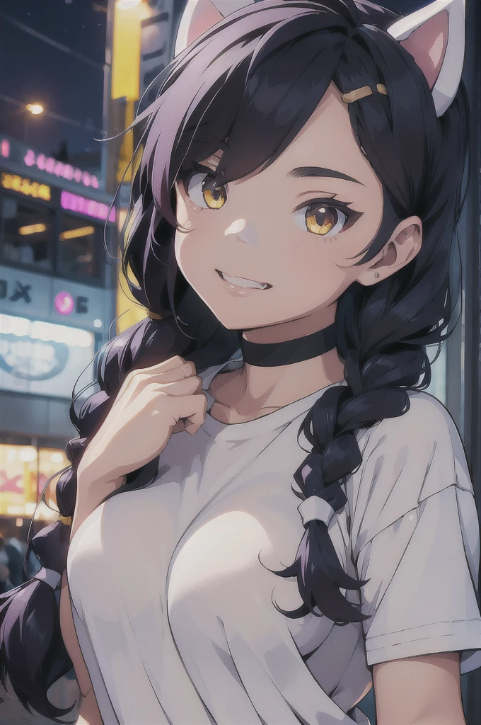 Erisa, 1girl, solo, long hair, looking at viewer, black hair, bandaid on face, yellow eyes, animal ears, smile, bandaid on nose, braid, cat ears, bandaid, bangs, breasts, fake animal ears, simple background, fang, bare shoulders, scar, teeth, shirt, tight shirt, bare shoulders, black shirt, short sleeves, closed mouth, t-shirt, hair over one eye, night city view, portrait, hair over shoulder, shorts, skin tight shirt, tight shorts, legs, sunglasses, seductive, realistic, best quality, masterpiece, ultra detail, ultra high res, extreme detail, 8k, uhd
