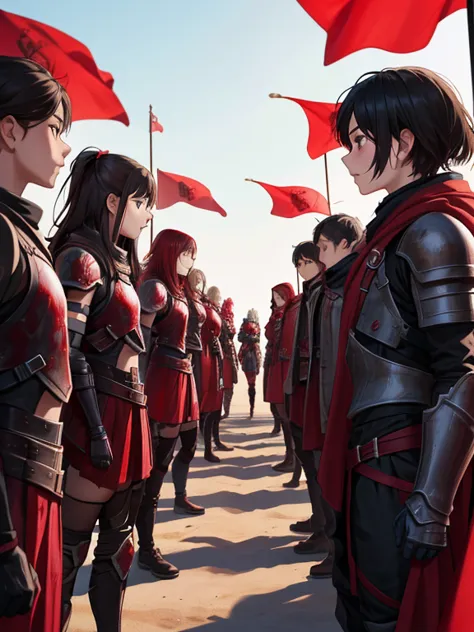 7 girls; 6 boys; They stand in a row facing each other; They carry a red flag with "Ragnarok" on it; they wear armor