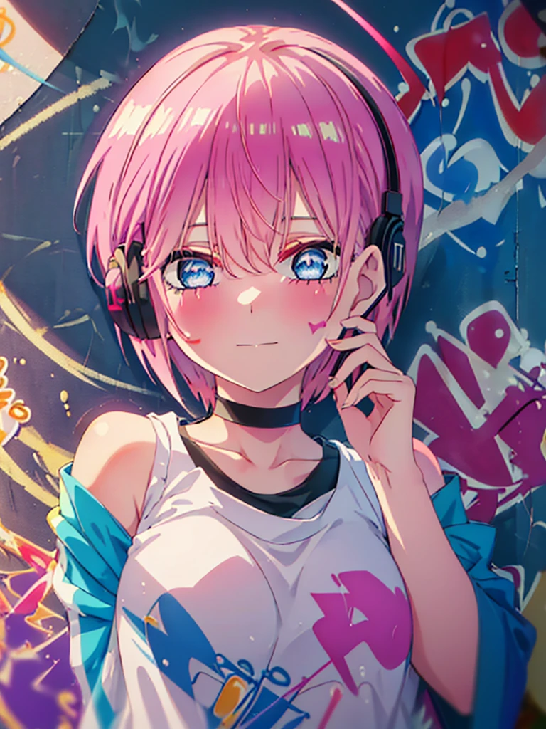 highest quality, masterpiece, High resolution, alone, {nakano_ichika_Goto Fuminohana Name:1.15}, pink hair, short hair, bangs, blue eyes, hairline, smile,Mouth closed, 1 girl, black tank top,denim shorts, choker, (graffiti:1.5), paint splatters, turn your arms behind your back, towards the wall, looking at the viewer, thigh strap, paint on the body, headset,(masterpiece:1.2), highest quality, High resolution, unity 8k wallpaper, (figure:0.8), (beautiful and fine eyes:1.6), highly detailed face, perfect lighting, Very detailed CG, (perfect hands, perfect anatomy), viewer looking for