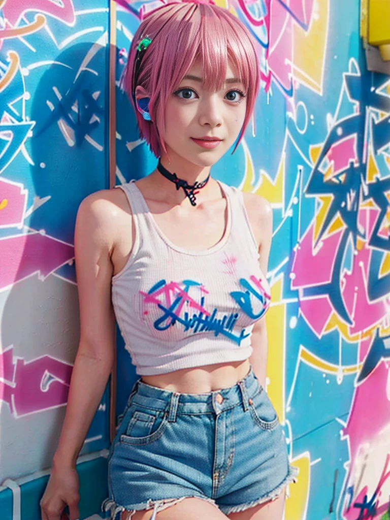 highest quality, masterpiece, High resolution, alone, {nakano_ichika_Goto Fuminohana Name:1.15}, pink hair, short hair, bangs, blue eyes, hairline, smile,Mouth closed, 1 girl, black tank top,denim shorts, choker, (graffiti:1.5), paint splatters, turn your arms behind your back, towards the wall, looking at the viewer, thigh strap, paint on the body, headset,(masterpiece:1.2), highest quality, High resolution, unity 8k wallpaper, (figure:0.8), (beautiful and fine eyes:1.6), highly detailed face, perfect lighting, Very detailed CG, (perfect hands, perfect anatomy), viewer looking for