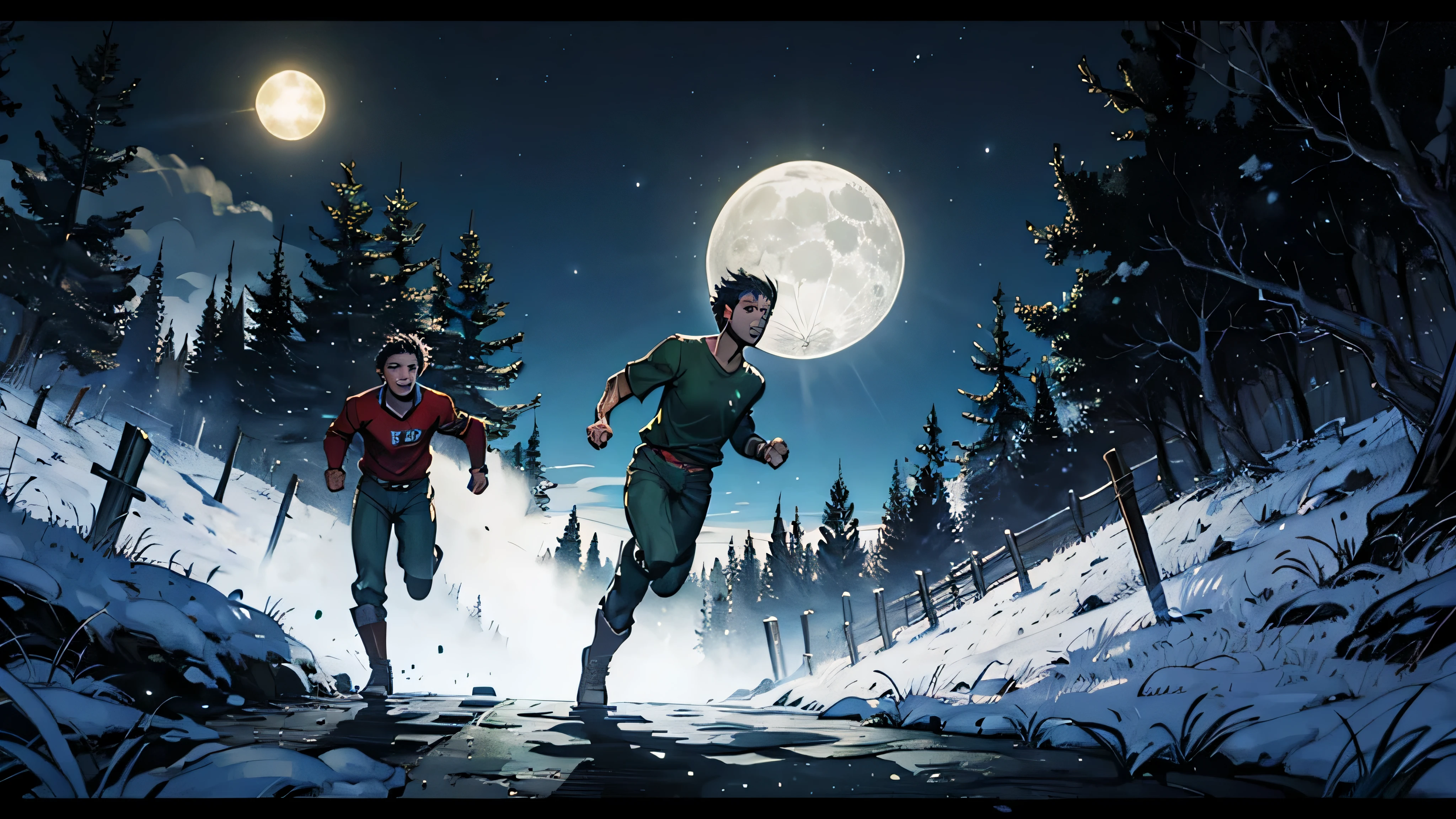 Gere uma imagem que represente um homem vestindo botas, green pants and shirt, he is running away through the forest in a dark environment with the moonlight in the sky.