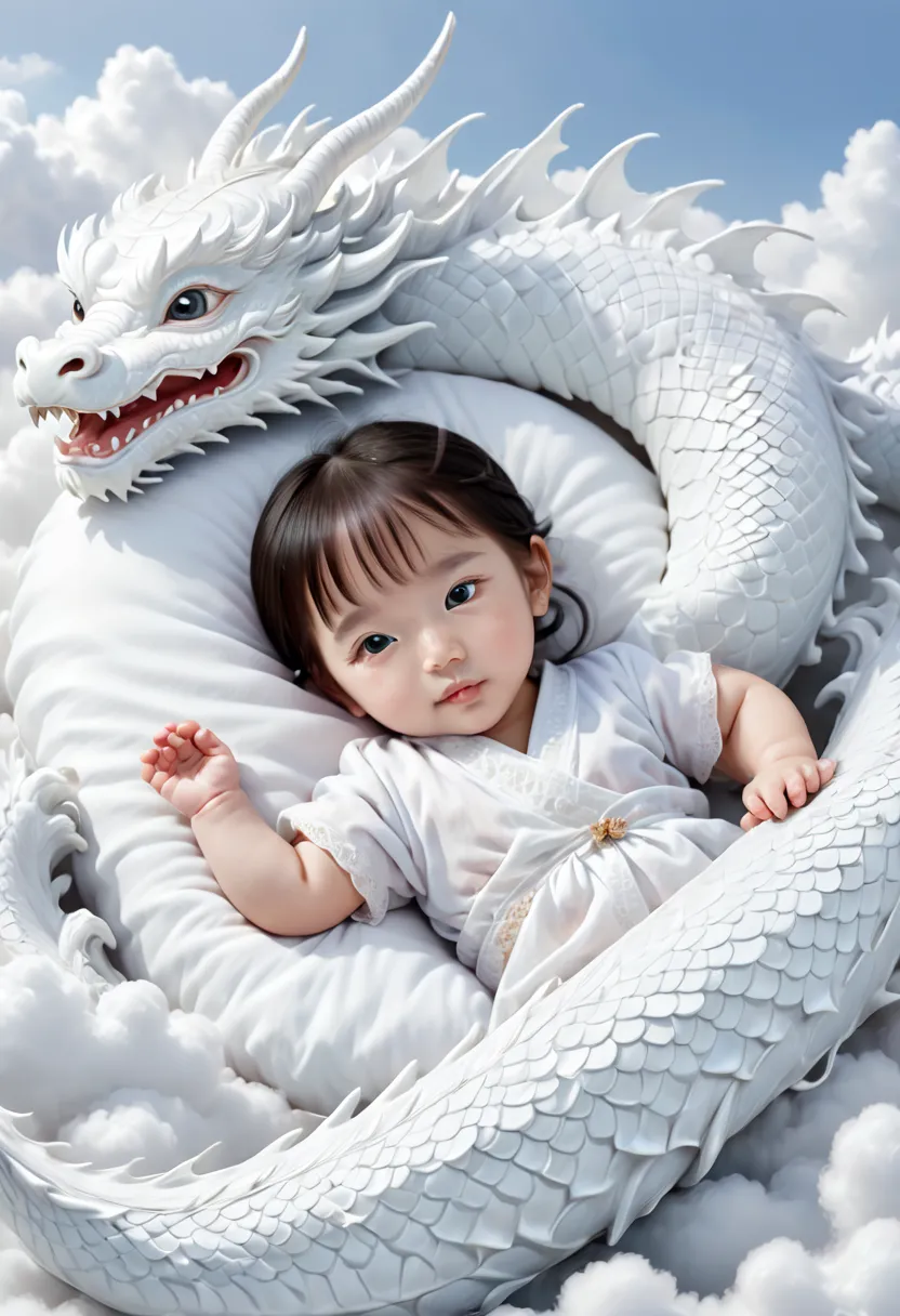 A two-year-old Chinese baby girl,Lovely, face round,Slept on a white dragon bed, a photorealistic painting by Ju Lian, shutterst...