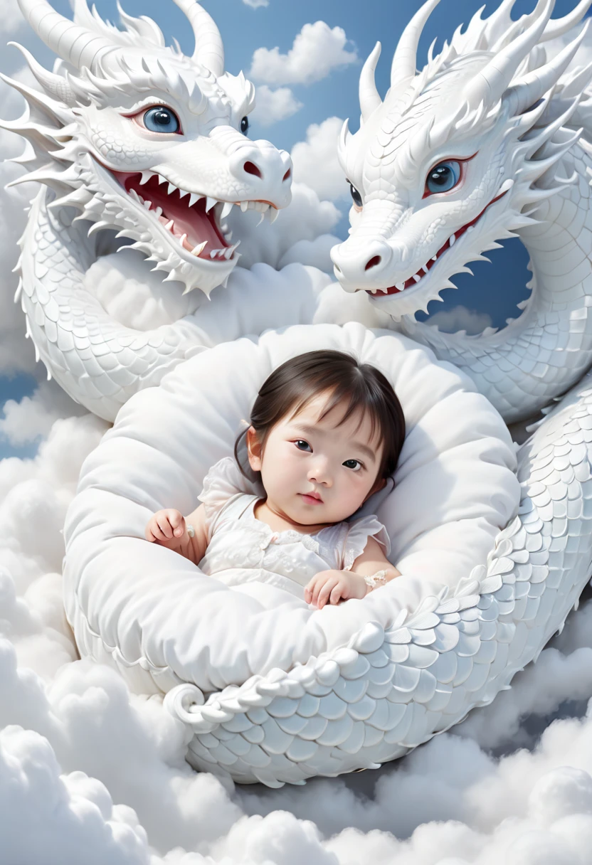 Una niña china de dos años,Hermoso, cara redonda,Dormí en una cama de dragón blanco, una pintura fotorrealista de Ju Lian, ganador del concurso de contraventanas, arte de fantasía, un dragón hecho de nubes, fantasía china, yacer en las nubes blancas país de las hadas，Fotografía, estilo cinematográfico, Detalles intrincados y refinados, alta calidad，chica japonesa