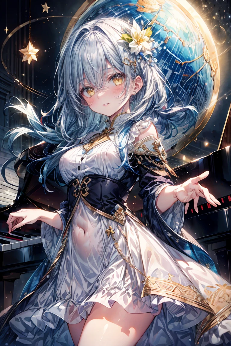 ((8K masterpiece,highest quality)), ultra high resolution, hyper detail, (1 girl), beautiful face, beautiful and delicate eyes, Big eyes,shining eyes of light,Thin and long eyelashes,((blue hair)),((yellow eyes)),(long hair),(straight hair),big breasts,thin waist,white dress,white pumps,silver hair ornament,(gentle smile),small blush,affection,Troubled eyebrows,(please open your mouth wide),(White world),(Fantastic worldview),((piano)),(The keyboard is in front of the girl),temple,(star),惑star,(globe),particles of light,motion blur,Depth of bounds written,spectacular panoramic view,cowboy shot