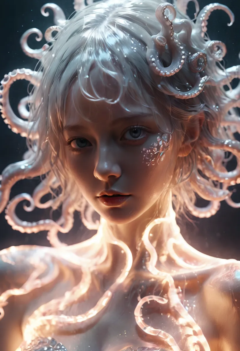 photo RAW, (white, silver : Portrait of a ghostly girl with an octopus heaf, shiny aura, highly detailed, octopus features, intr...