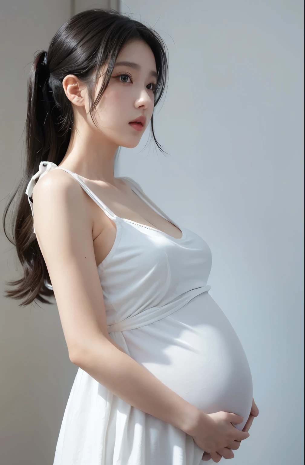 A pregnant woman in a white dress is posing for a picture - SeaArt AI