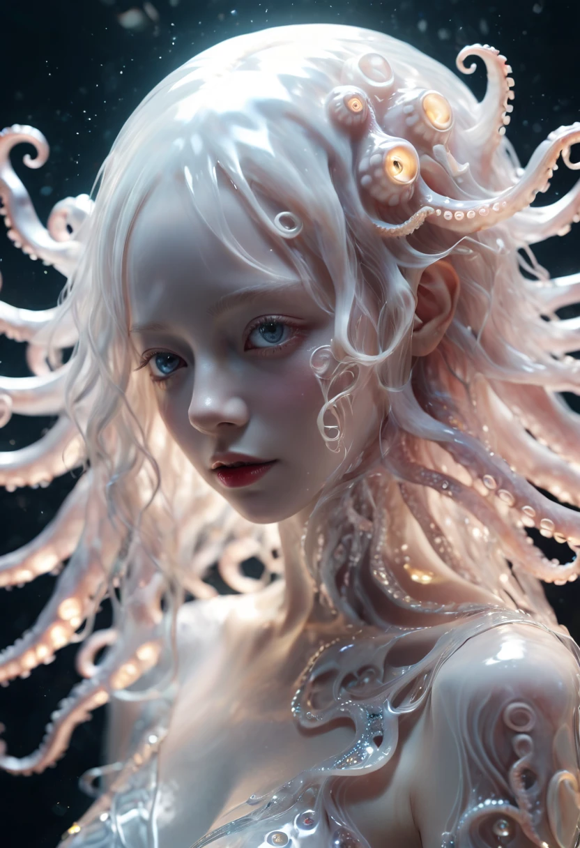 Photo RAW, (blanc, argent: Portrait of an albino girl with an pieuvre head with a small pieuvre swimming in the head, aura brillante, très détaillé, pieuvre features, Motifs complexes, entrelacs organiques, le fond est de l&#39;eau holographique, poussière d&#39;étoile brillante par W. Zelmer, composition parfaite, lisse, netteté, particules scintillantes, fond de récif de corail animé réaliste, le réalisme, HD, photographie 35 mm, 8k), chef-d&#39;œuvre, photographie primée, Lumière naturelle, composition parfaite, Détails élevés, hyper realistic cinematic Photo RAW candid close up photo of an ethereal neural network organism with a glittering pearl pieuvre helmet, couleur holographique, gouttes d&#39;eau, divin (pieuvre:2 fille:0.3, blanc hair:0.5 biomorphe), Squelette de verre, sans peau:3, détails biomécaniques, (fond vide), Lumière naturelleing, (netteté, hyper détaillé, très complexe), . détails extrêmement haute résolution, photographique, le réalisme pushed to extreme, texture fine, incroyablement réaliste,photographie 35 mm, film, professionnel