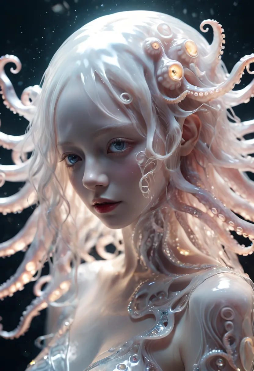 photo RAW, (white, silver: Portrait of an albino girl with an octopus head with a small octopus swimming in the head, shiny aura...