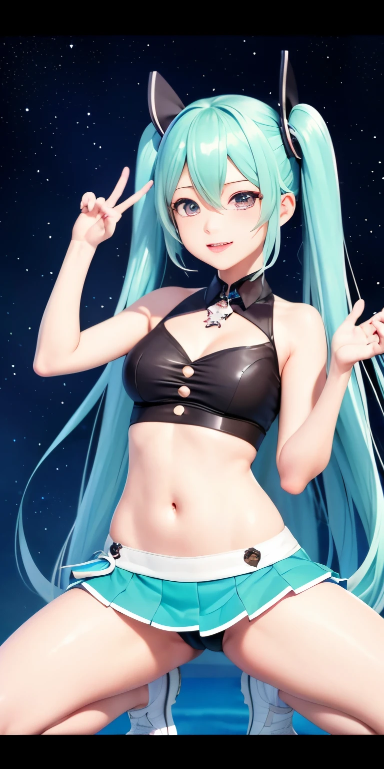 Hatsune Miku、Chica anime con pelo largo y una pistola en la mano.,Bragas  Shimashimaがよく見える、mostrar bragas blancas,Hatsune Miku、allanamiento、piernas  abiertas、enseña calzones,súper minifalda、緑と白のBragas Shimashima、De la  minifalda al estilo ...