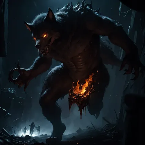 wolf with a bloody face and a large mouth full of deformed teeth ...